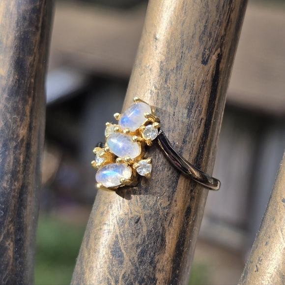 Moonstone & Topaz Natural Gemstones Sterling Rhodium & Gold Ring Sz7.25 - Picture 6 of 8
